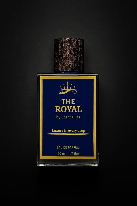 Perfume bottle labeled 'The Royal by ScentBliss' on a black background