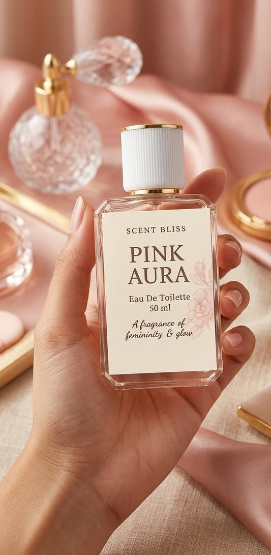 Hand holding a 'Pink Aura' perfume bottle with a blurred background