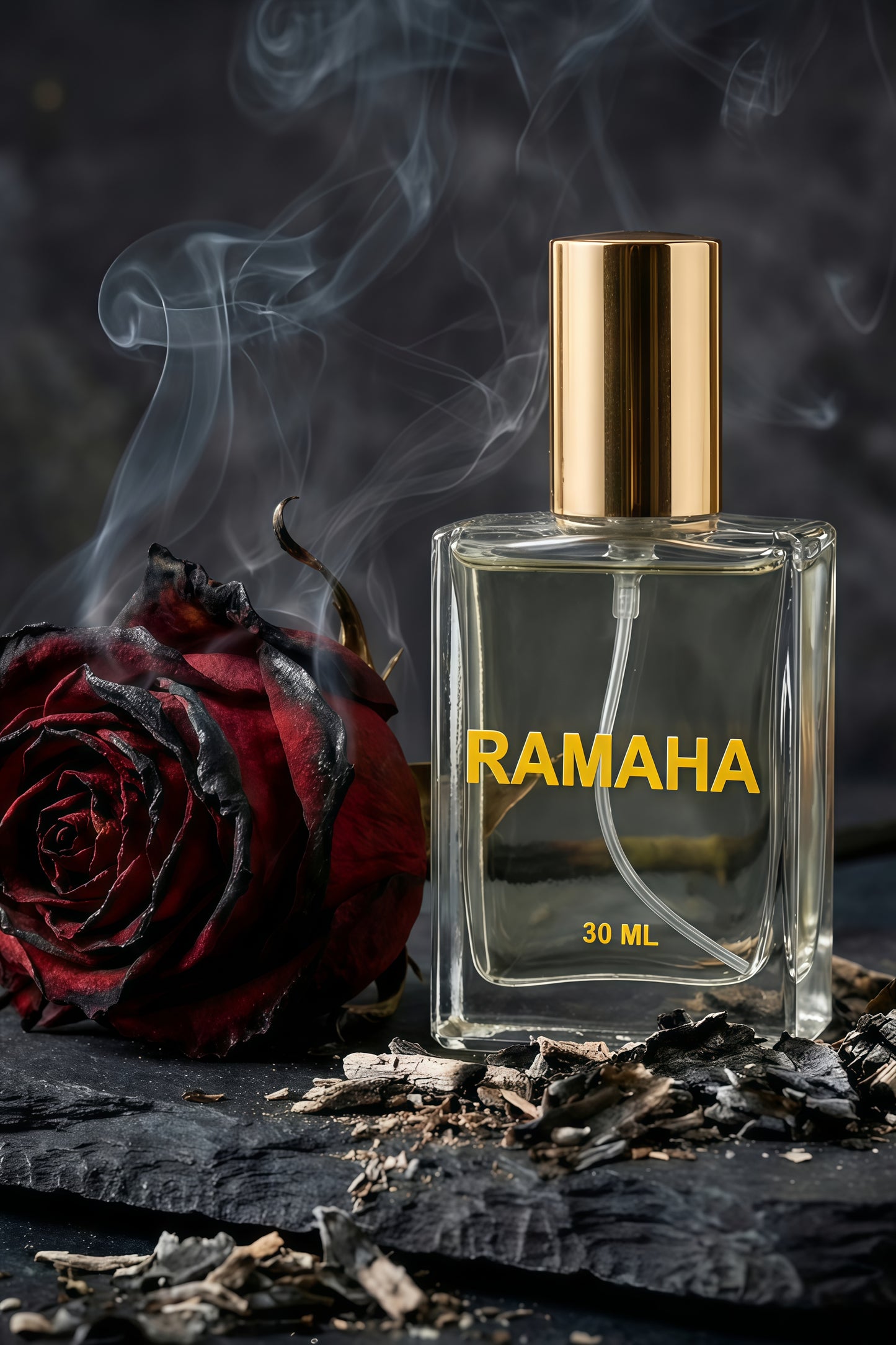 Perfume bottle labeled 'RAMAHA' with a red rose and smoke on a dark background