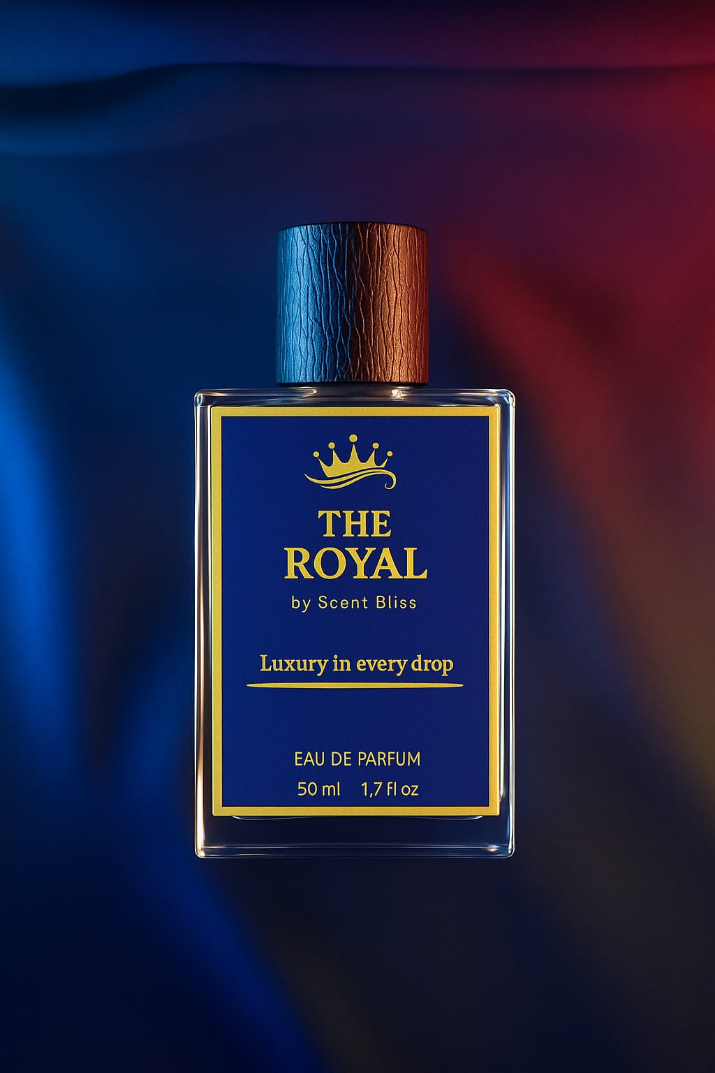 Perfume bottle labeled 'The Royal by ScentBliss' on a dark background