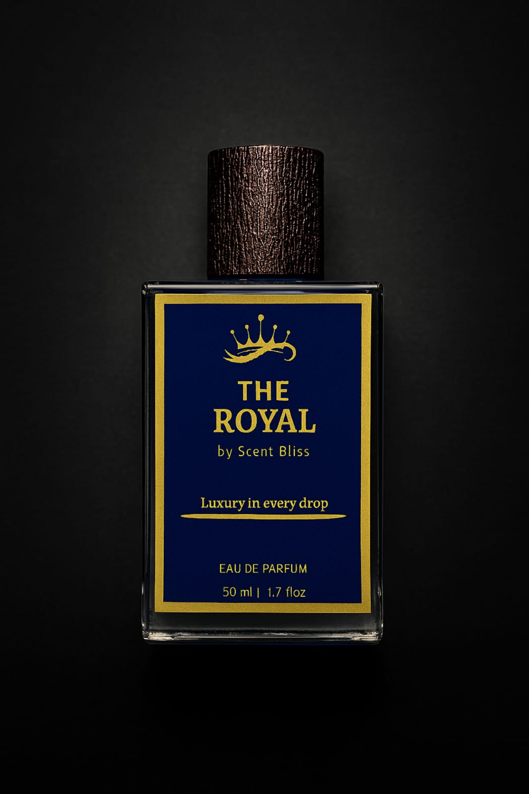 Perfume bottle labeled 'The Royal by ScentBliss' on a black background