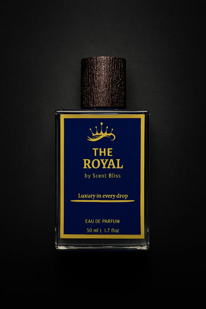 Perfume bottle labeled 'The Royal by ScentBliss' on a black background