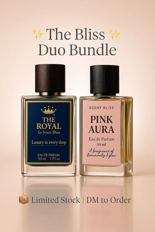 Two perfume bottles, 'The Royal' and 'Pink Aura', with a beige background and text indicating a limited stock offer.