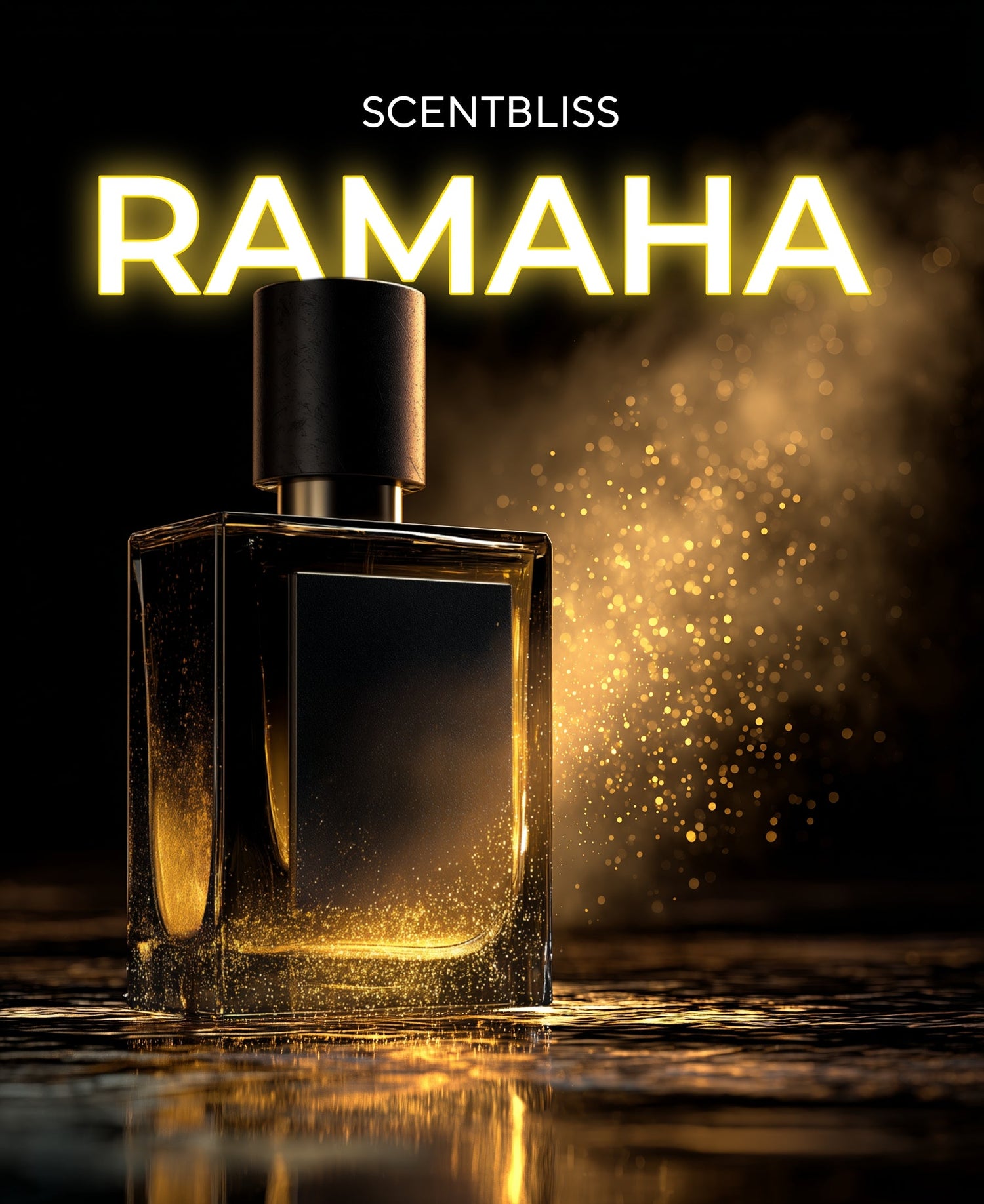 Perfume bottle with 'ScentBliss Ramaha' on a dark background