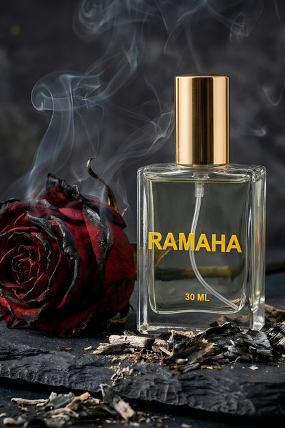 Perfume bottle labeled 'RAMAHA' with a red rose and smoke on a dark background