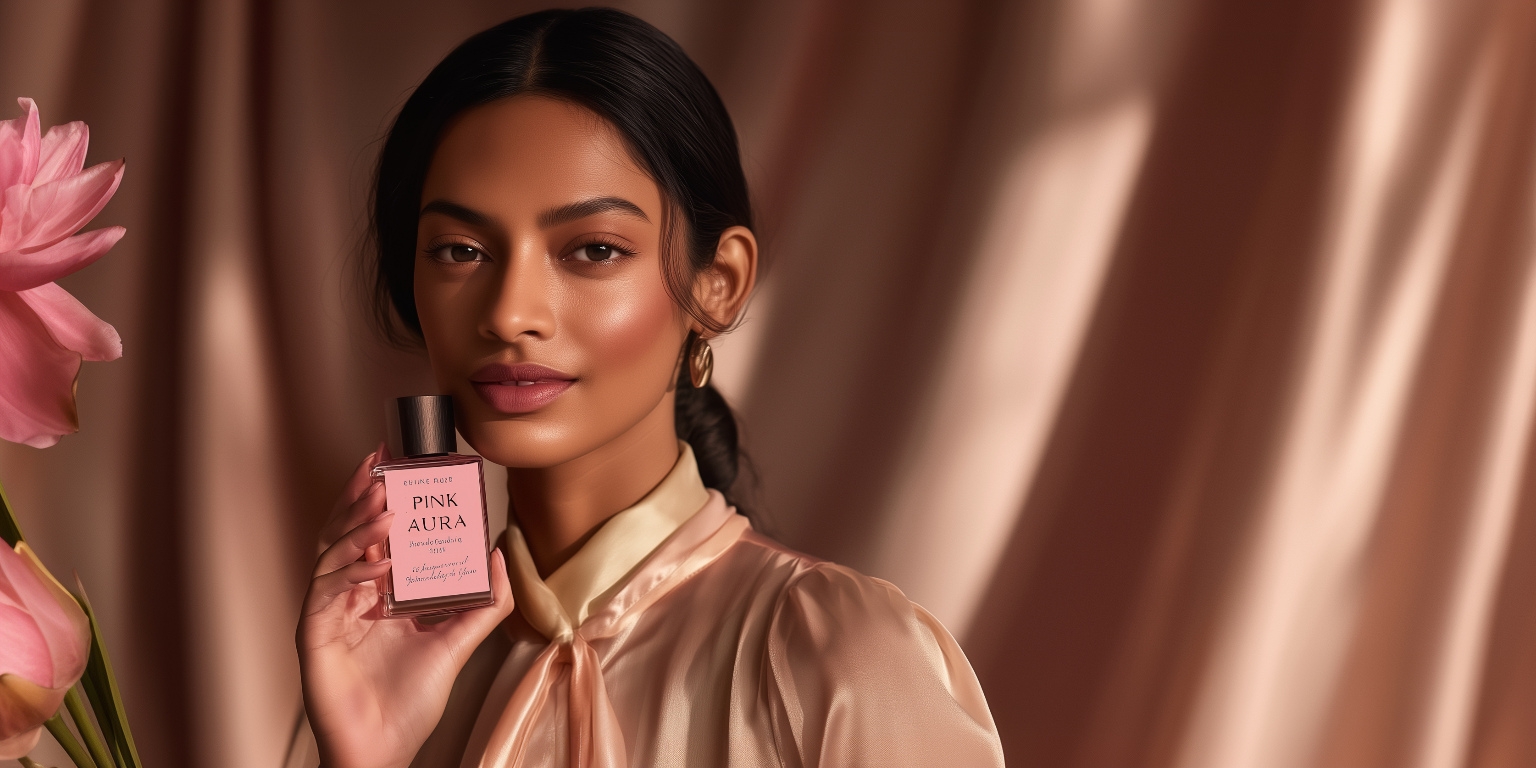 Woman holding a pink perfume bottle with flowers against a brown background