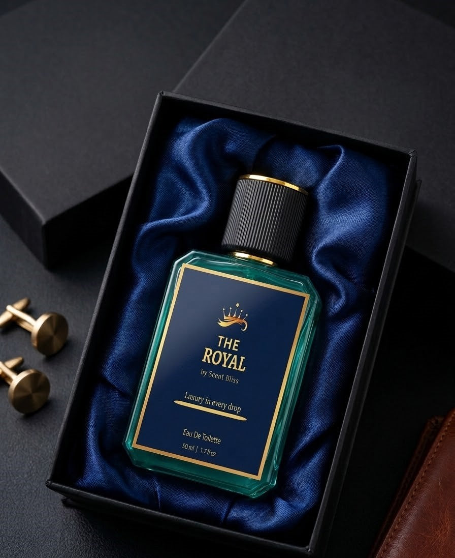 Perfume bottle labeled 'The Royal' by ScentBliss in a black box with blue interior.