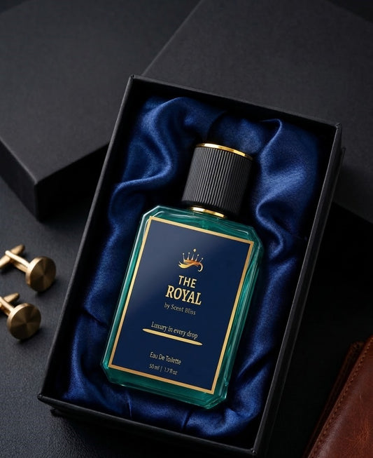 Perfume bottle labeled 'The Royal' by ScentBliss in a black box with blue interior.